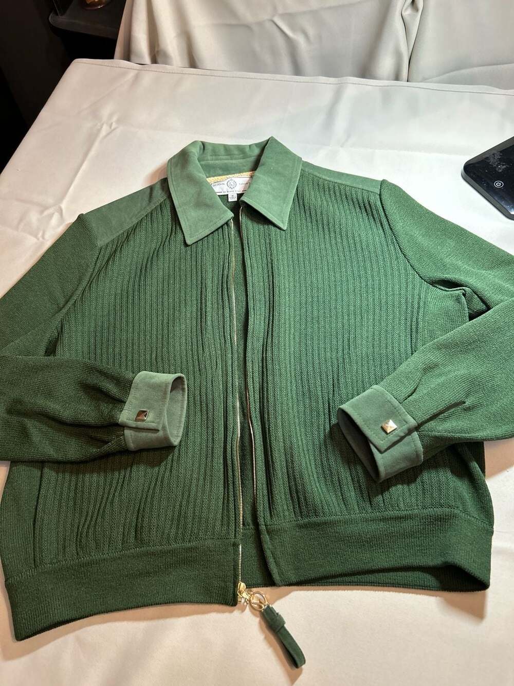 St. John Sport by Marie Gray Green Ribbed Knit Zip-Up with Suede Trim Size M